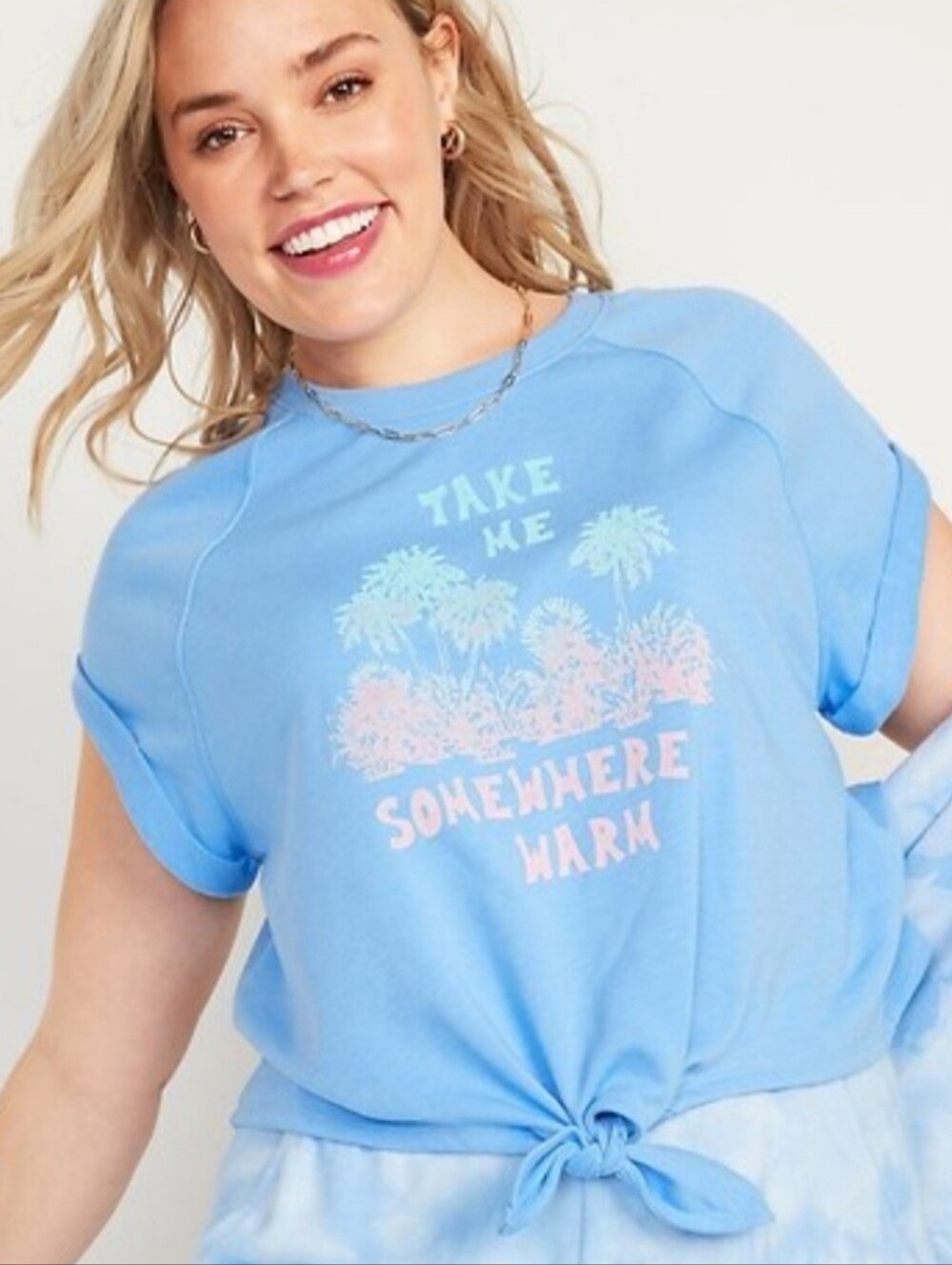Old Navy Women's Light Blue Graphic Print Short Sleeve Cropped Sweatshirt Medium